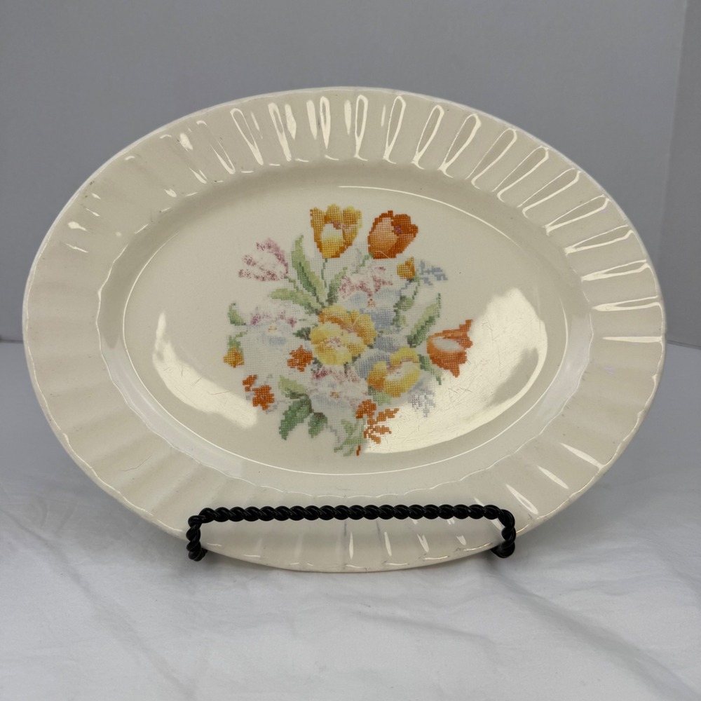 Vintage Edwin M Knowles China Floral Cross Stitch Oval Platter 11.5" USA 38-11‎